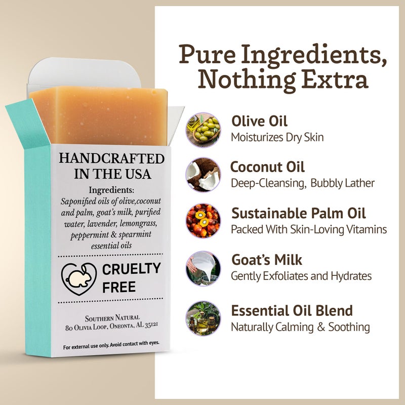 Southern Natural Goat Milk Soap Bar - 3 Pack Essential Oil Blend - For Dry Sensitive Skin. Natural Handmade Face & Body Soap For Men & Women. (Net 12 oz) - Image 3